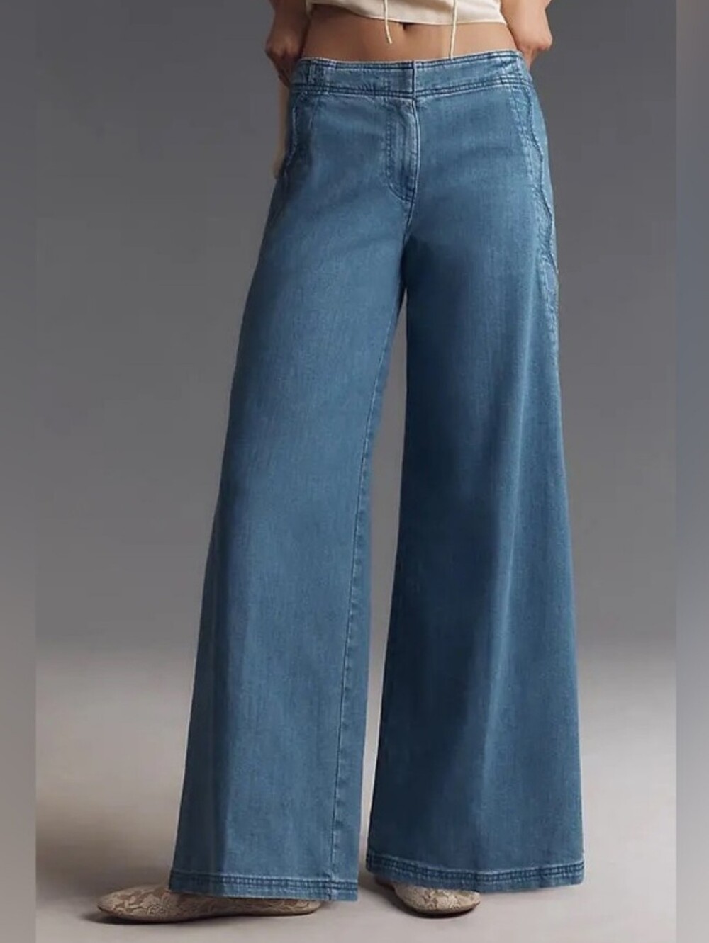 Anthropologie Maeve Scallop-Edge High Rise Wide Leg Jeans Blue Zuzu Wash Size 27